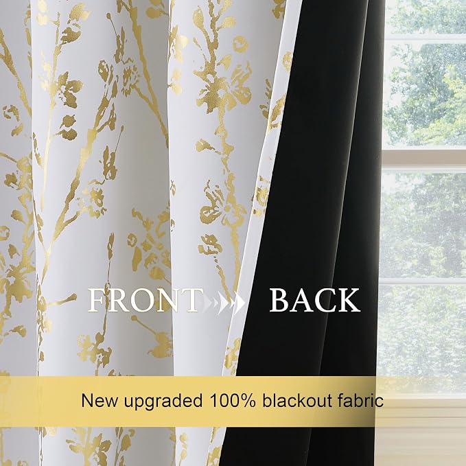 NICETOWN Gold Foil Printed Floral Curtains 100% Blackout, Grommet Branch - Image 6