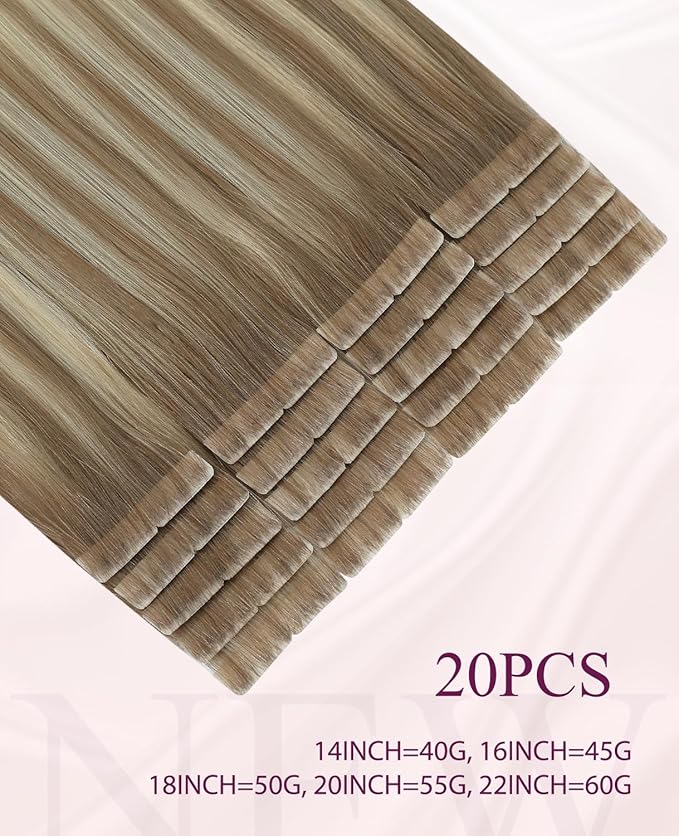 Pinkpearl Invisible Tape in Hair Extensions Human Hair, 20pcs 22inch 60g #8T60 Balayage Ash Brown to Platinum Blonde Injection Tape in Extensions Real Remy Seamless Human Hair Injected