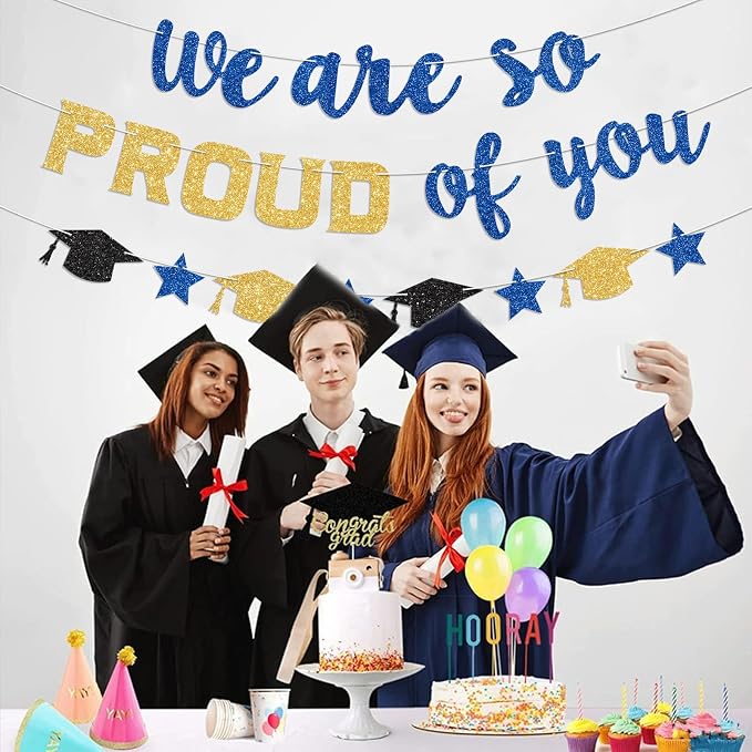 We Are So Proud of You Banner Prestrung Blue and Gold Graduation Banner - Image 5