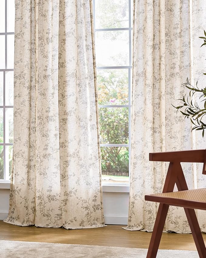 Grey Vintage Floral Linen Curtains Farmhouse 38W X 96L 2 Panels | Elisa Series - Image 7