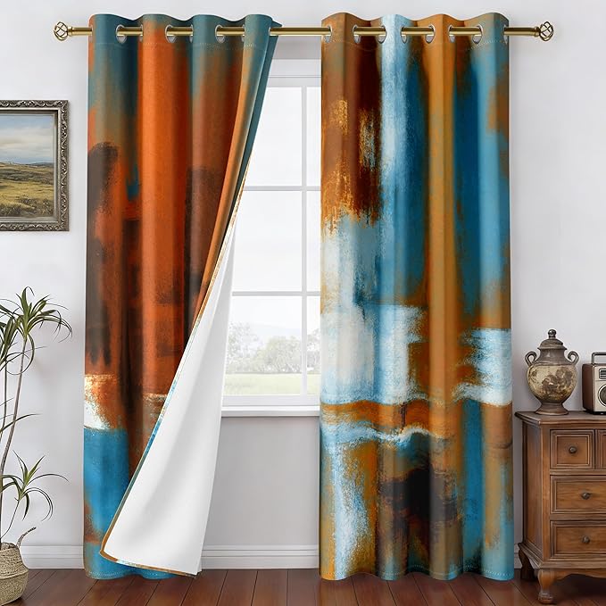 Asuexpect Rust Curtains 2 Panels Abstract Curtain Room Darkening Grommet Window - Image 3