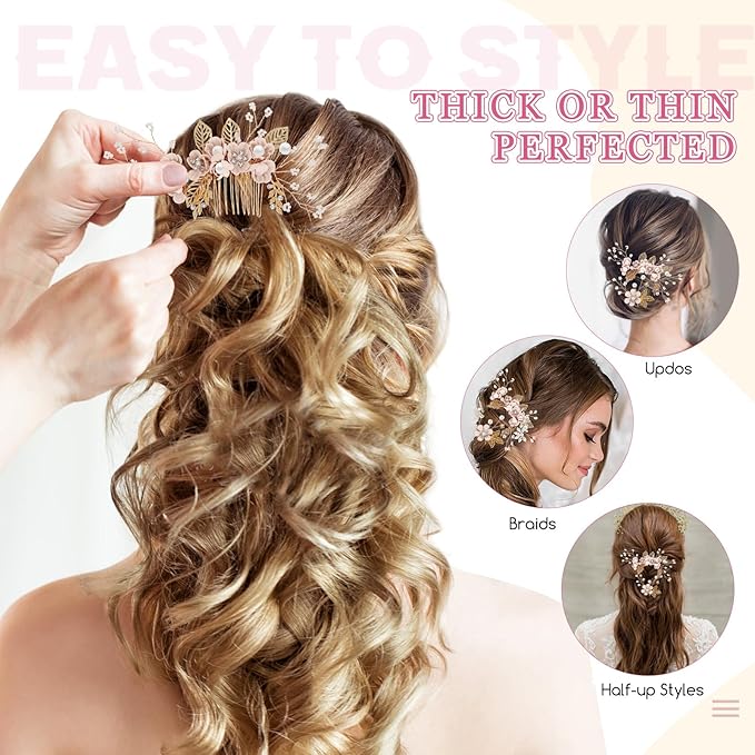 Wedding Flower Hair Accessories for Women: 4pcs Leaf and Flower Hair Combs for Women Accessories - Crystal Pearl Wedding Flower Clips Headpiece for Brides Bridesmaids Girls Updo (Pink)