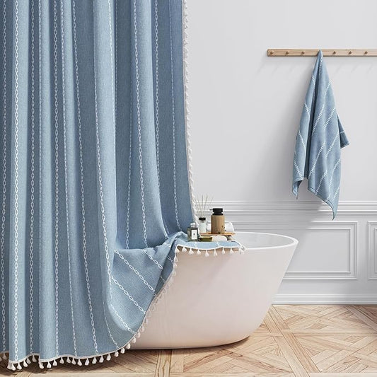 72 x 80 Boho Farmhouse Linen Heavy Duty Cloth Shower Curtain Set, 330GSM Linen by ShowerCurtain