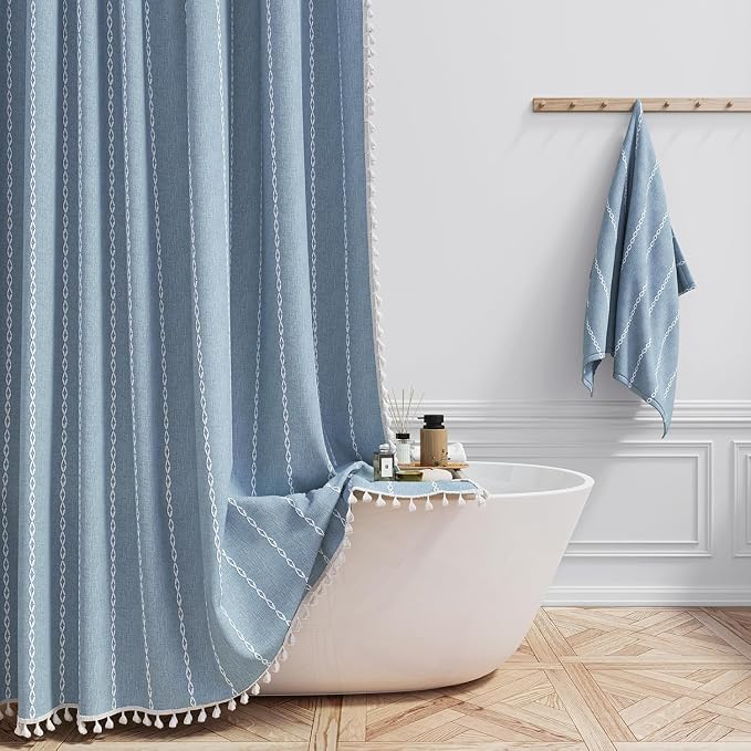 48 x 72 Boho Farmhouse Linen Heavy Duty Cloth Shower Curtain Set, 330GSM Linen by ShowerCurtain