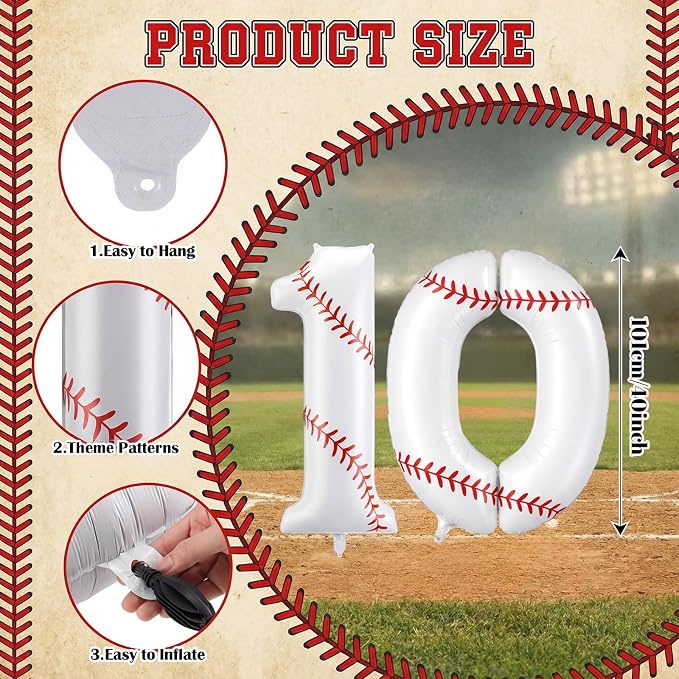 Jenaai Number 10 Baseball Balloons White Red and Blue Baseball Glove Balloons - Image 2