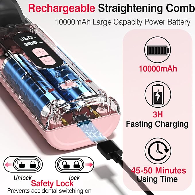 Hair Brush Straightener Cordless, Straightening Comb for Women with 300 Million Negative Ions, 6 Temps 30s Fast Heating, 10000mAh Rechargeable Battery, Portable Travel Frizz-Free, On-The-Go Styling