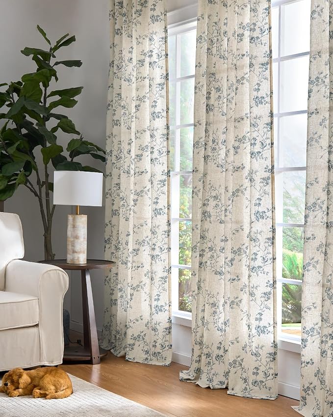 jinchan Blue Floral Linen Curtains 90 Inch French Country Back Tab 2 Panels | - Image 6
