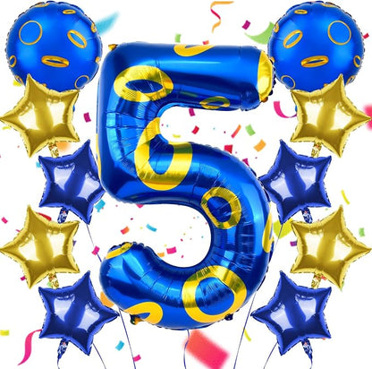 40 Inch Blue and Golden Ring Themed Number Balloon, Number Block Foil Number 5 by AXBMM