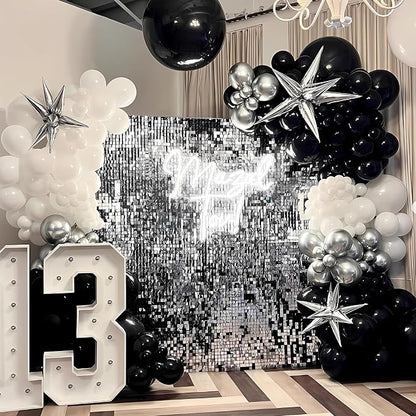 Black Silver Balloon Arch Kit 138Pcs Black White Metallic Silver Confetti Disco - Image 7