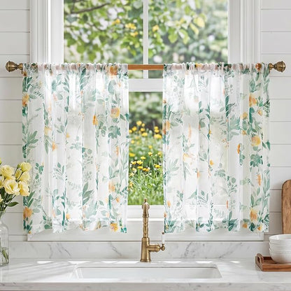 MYSKY HOME Green Floral Sheer Cafe Curtains 36 Inches Long by MYSKYHOME