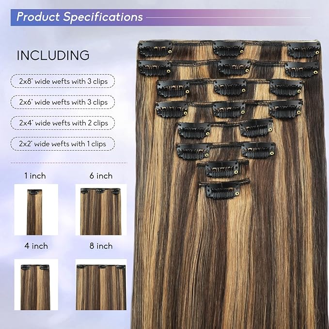 Clip in Hair Extensions Real Human Hair, 22 Inch 110g, 2/6 Dark Brown to Chestnut Brown, Invisible Seamless Remy Human Hair Clip in Extensions for Women 8pcs Per Set with Double Weft