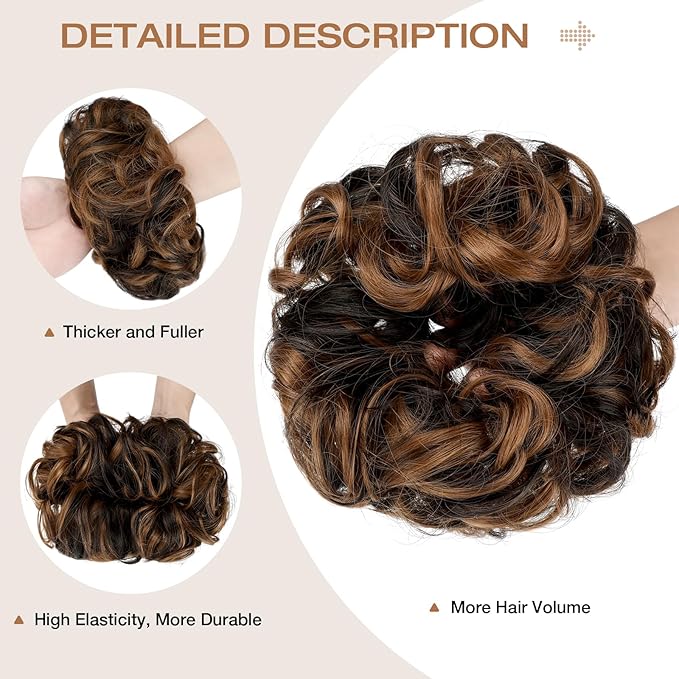 Messy Bun Hair Piece Wavy Curly Scrunchies Fluffy Donut Thick Updo Elegant Chignon Hairpieces for Women Girls, Dark Brown Mix Light Auburn 1.4oz