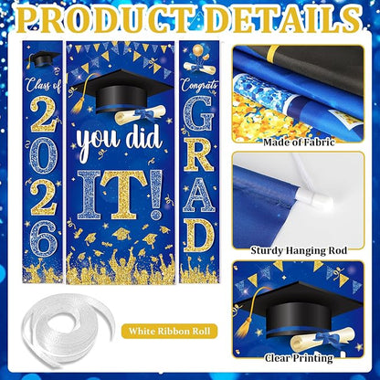 Blue and Gold Graduation Decorations 2026 Congrats Grad Hanging Banner You Did - Image 2