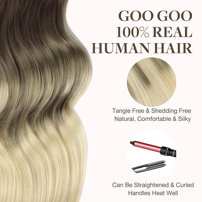 GOO GOO Tape in Hair Extensions Human Hair, 9/60 Balayage Ash Brown to Platinum Blonde, 22inch 50g 20pcs, Skin Weft Seamless Invisible, Silky Straight with Thick Ends, Remy Human Hair