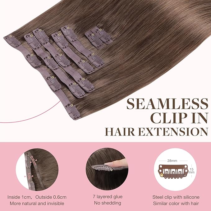 GOO GOO Clip in Hair Extensions Real Human Hair, Remy Human Hair Extensions Clip ins for Women, Natural Human Hair, 22inch 110g 7Pcs, 5 Light Ash Brown