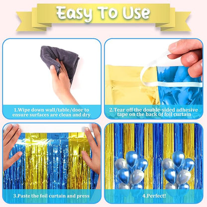 Voircoloria Blue Gold Foil Fringe Backdrop Curtains, 3 Pack | Tinsel Streamers - Image 3