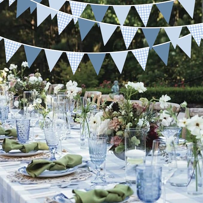 32Ft Dusty Blue Party Decorations Retro Blue Gingham Triangle Banner Flag - Image 5