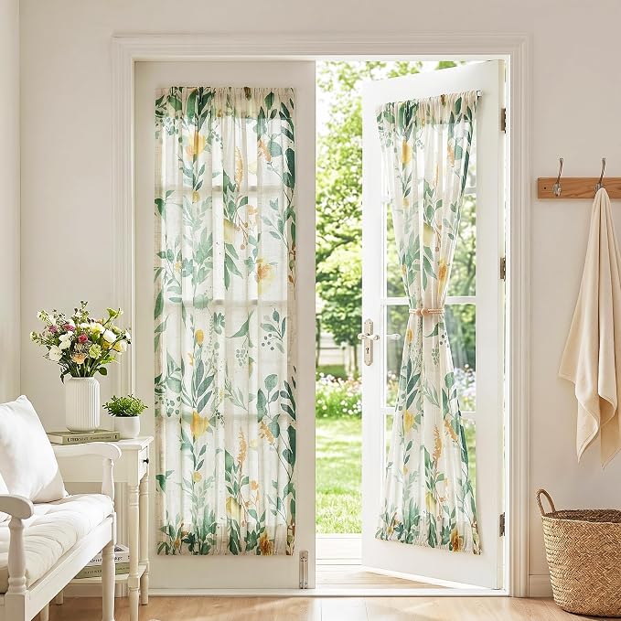 MYSKY HOME Floral Linen French Door Curtains Green Farmhouse Privacy Door - Image 8