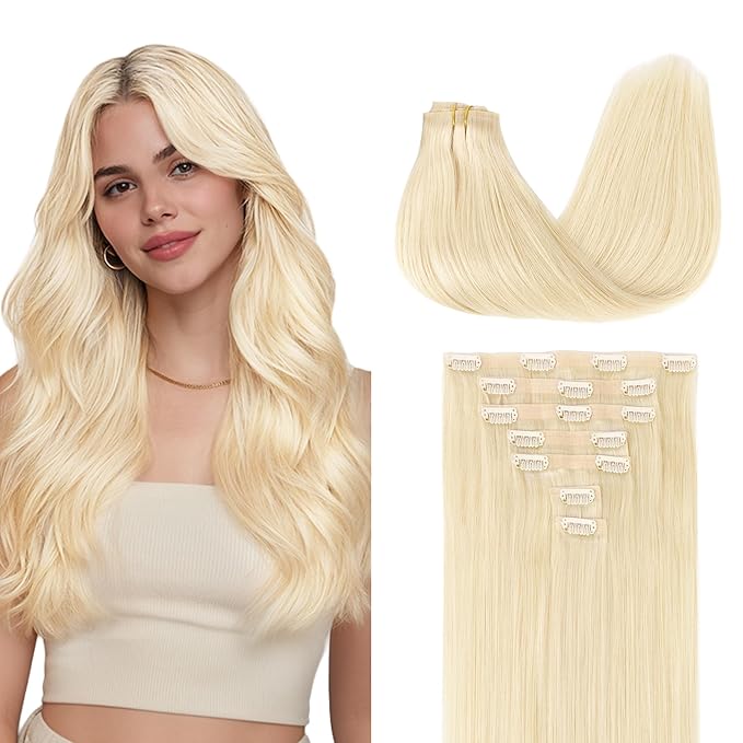 GOO GOO Clip in Hair Extensions Real Human Hair, Remy Human Hair Extensions Clip ins for Women, Natural Human Hair, 24inch 120g 7Pcs, 613R Bleach Blonde