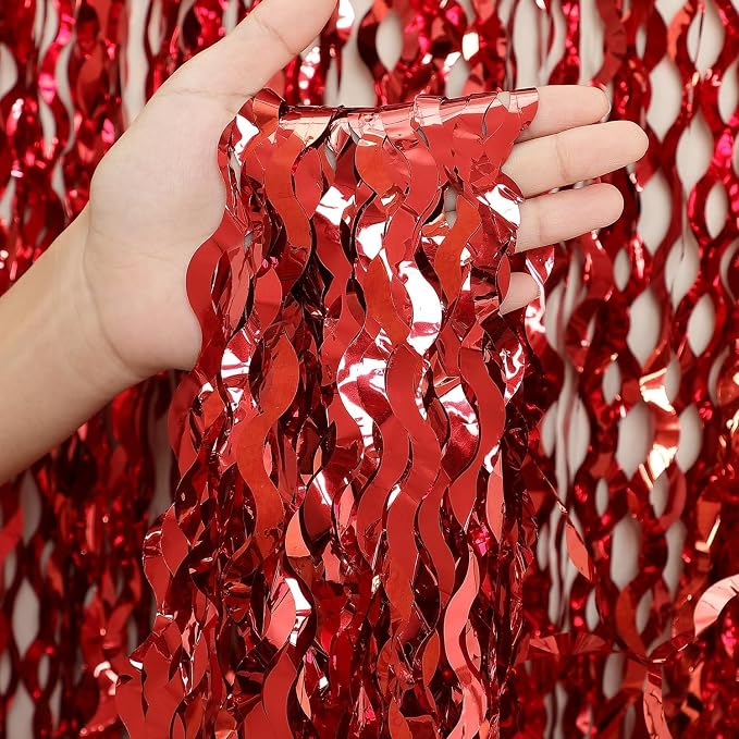 CYLMFC 3 Pack Red Aluminium Foil Curtains, 3.3ft x 6.6ft, Wavy Shape, - Image 2