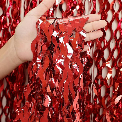 CYLMFC 3 Pack Red Aluminium Foil Curtains, 3.3ft x 6.6ft, Wavy Shape, - Image 2