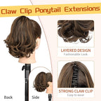 KooKaStyle Ponytail Extension, 10" Short Claw Clip in Pony Tails Hair Extensions Curly Wavy Synthetic Drawstring Hairpieces for Women Fake Ponytail(Dark Brown with Golden Auburn)