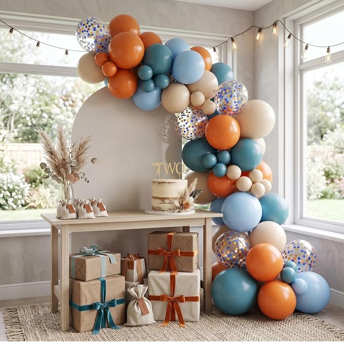Blue and Orange Balloons, 12 Inch Orange Light Blue Nude Apricot Confetti - Image 5