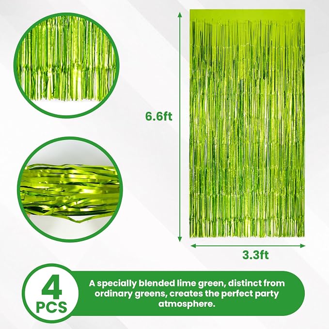 Matte Lime Green Tinsel Foil Curtains Backdrop Party Decorations | 2 PCS - Image 2