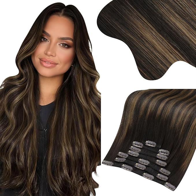 Moresoo Clip in Hair Extensions Balayage Dark Brown Mixed with Chestnut Brown Hair Extensions Real Human Hair Clip ins Ombre Brown Clip in Extensions Double Weft 7pcs 135g 18inch