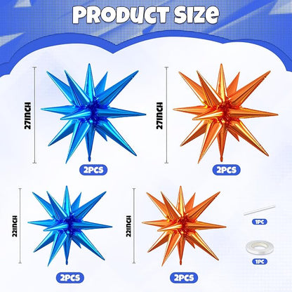 Orange and Blue Star Balloons, 22/27 Inch Blue and Orange Star Shaped Balloons - Image 2