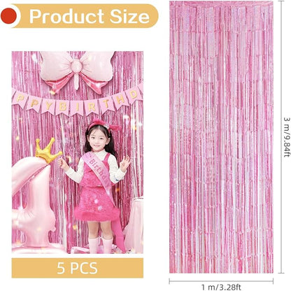 5 Pack Pink Foil Curtain Backdrop 3.2ft x 9.8ft Metallic Tinsel Foil Fringe - Image 3