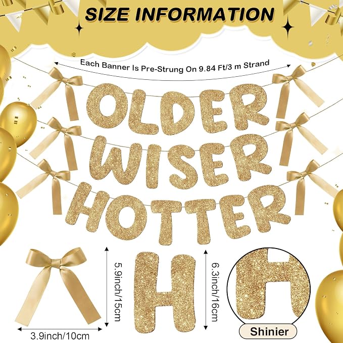 Fulmoon Pre Strung Glitter Older Wiser Hotter Banner Funny Satin Ribbon Bow - Image 2
