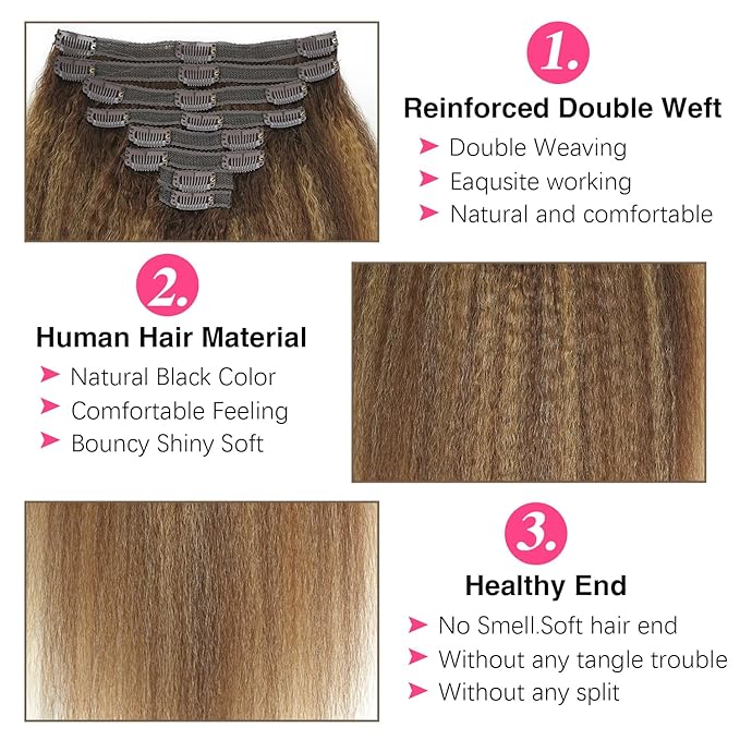 Kinky Straight Clip in Hair Extensions Real Human Highlight Clip ins For Women Unprocessed Clip on Hair Extensions(16inch,#4/27/4)