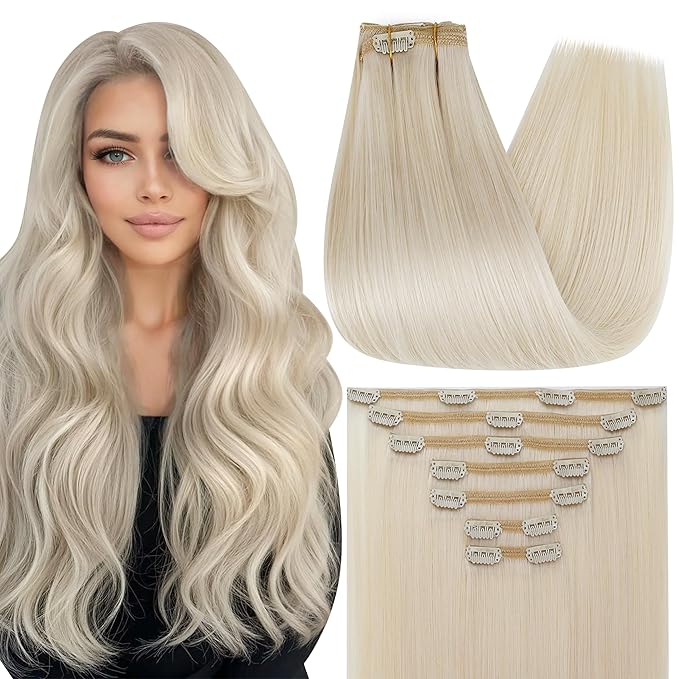 Full Shine Platinum Blonde Clip in Hair Extensions 22 Inch Hair Clip in Extensions Blonde Seamless Hair Extensions Remy Human Hair 7 Pcs 120 G