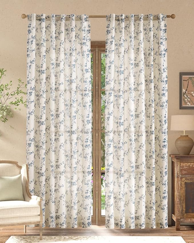 jinchan Blue Floral Linen Curtains 90 Inch French Country Back Tab 2 Panels | - Image 2