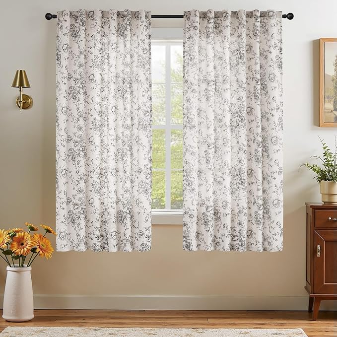 jinchan Black Floral Linen Curtains 63 Inch Farmhouse Back Tab 2 Panels | Light by JINCHAN
