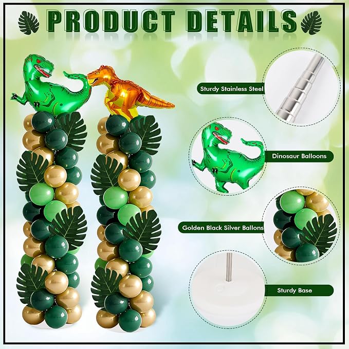 2 Sets Dinosaur Balloon Column Stand Kits Adjustable Green Gold Balloons Column - Image 4