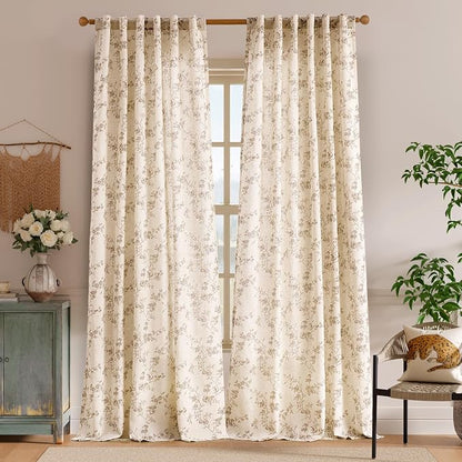 Extra Long Taupe Vintage Floral Linen Curtains Farmhouse 2 Panels | Elisa Series - Image 2