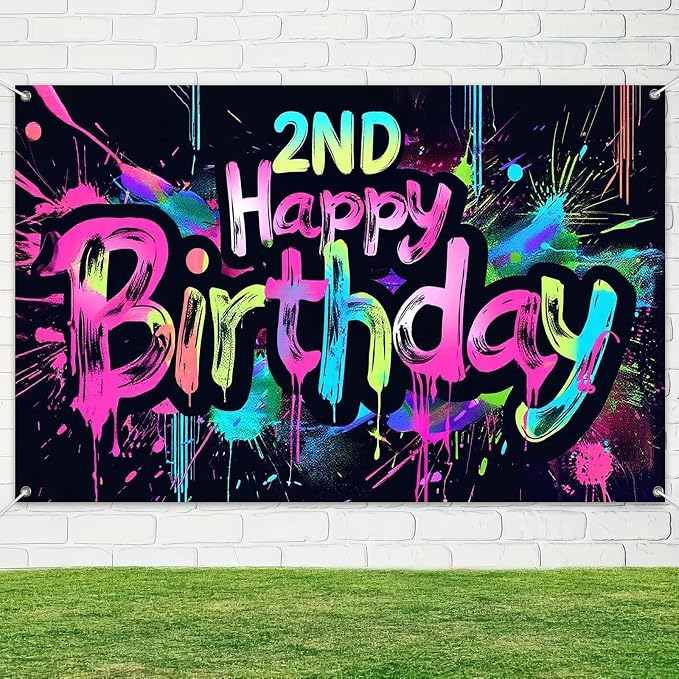 HOMETITUTE Neon 2nd Happy Birthday Party Banner 71x43 Inch Paint Splatter - Image 4