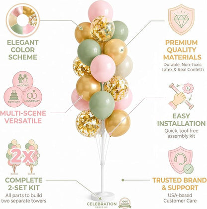 Hiins Sage Green Gold Balloon Stand Kit Set of 2, Base&Pole Decoration - Image 3