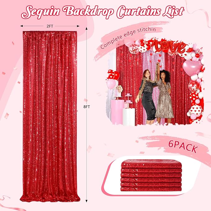 Sparkly Backdrop Curtains 6 Pcs 2ftx8ft Red Birthday Party Curtains | Sequin - Image 6