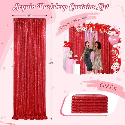 Sparkly Backdrop Curtains 6 Pcs 2ftx8ft Red Birthday Party Curtains | Sequin - Image 6