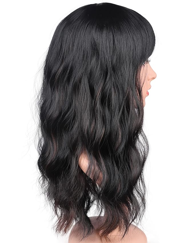 Black Wavy Wig With Brown Highlights For Women - Medium Long Synthetic Wig With Bangs For Daily Use (Black With Brown Highlights)