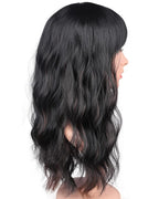 Black Wavy Wig With Brown Highlights For Women - Medium Long Synthetic Wig With Bangs For Daily Use (Black With Brown Highlights)