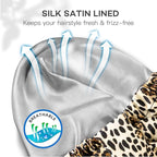 INNELO Luxury Shower Cap for Women Reusable Waterproof, Double Layered Shower Hair Cap with Adjustable Elastic Strap, Large Satin Lined Shower Bath Cap for Long Curly Straight Hair, Leopard