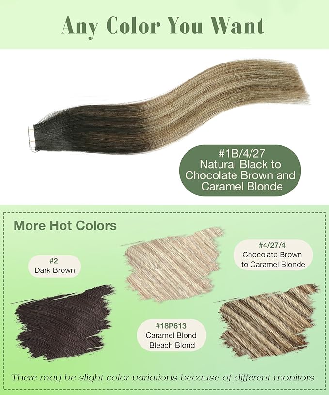 SURNEL Tape in Hair Extensions Balayage Ombre Color 1B Fading to 4 Brown Highlighted 27 Blonde Tape in Extensions Human Hair 20 inch Remy Tape Hair Extensions 20 Pcs 50g(#1B/4/27-20)