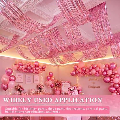 4 Pcs 15ft Pink Metallic Foil Ceiling Fringe Curtains, Party Decor Fringe Drapes - Image 4