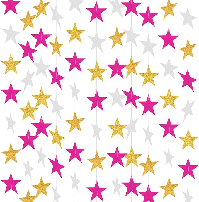 BEISHIDA Pink and Gold Paper Star Garland Decor Twinkle Star Banner Backdrop by Beishida