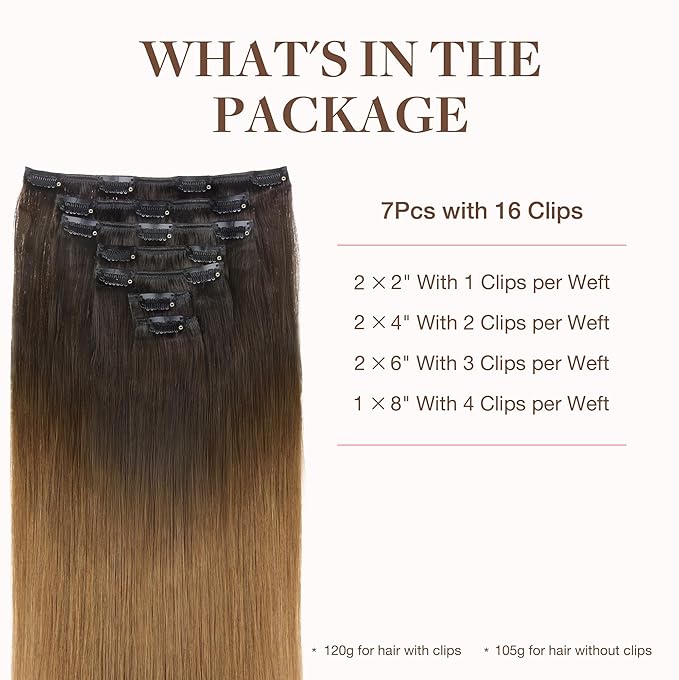 GOO GOO Clip in Hair Extensions Real Human Hair, Remy Human Hair Extensions Clip ins for Women, Natural Human Hair, 14inch 120g 7Pcs, 1D/2C/4E Chocolate Dip Color Melt