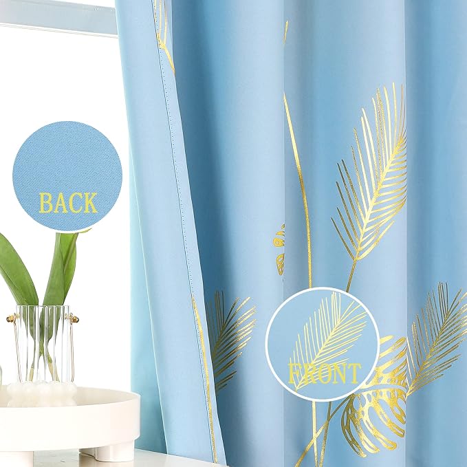 Sky Blue Blackout Curtains for Bedroom, Room Darkening Gold Palm Tree Pattern - Image 3